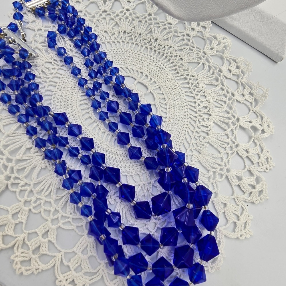 Vintage Japan Four Stand Glass Necklace Blue Statement Beaded - Picture 8 of 9